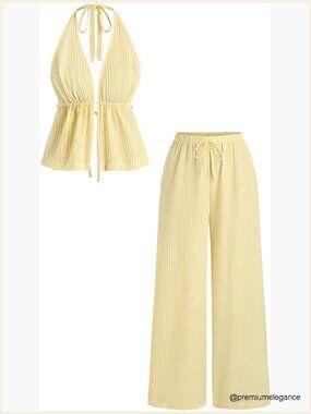 Two Piece Set Backless Halter Crop Top Wide Leg Pants Matching Summer Outfit